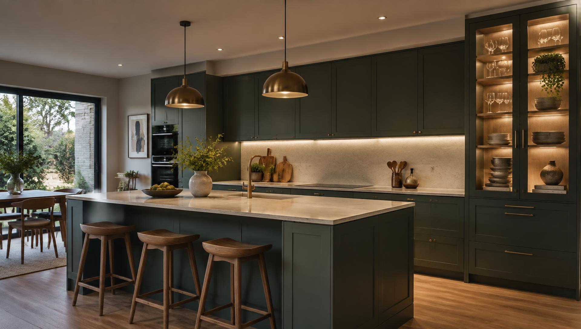 Kitchen with continuous under-cabinet lighting and illuminated display shelving